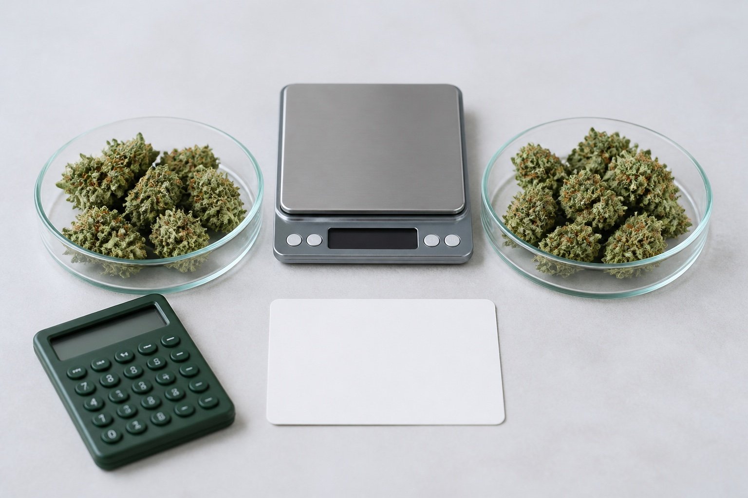 Equal portions of cannabis flower beside a digital scale for price-per-gram comparison