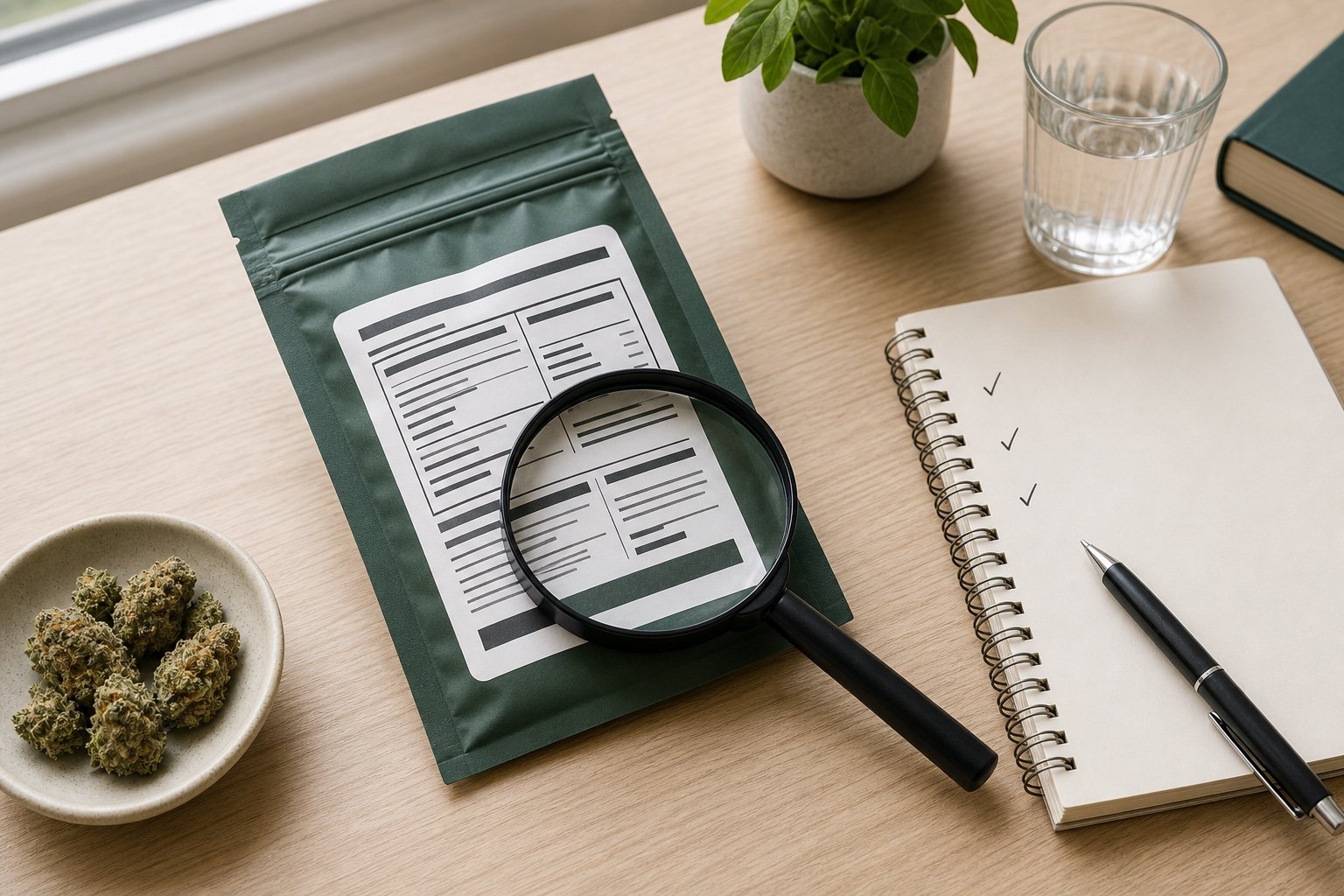Cannabis package label reviewed with a magnifying glass and comparison checklist