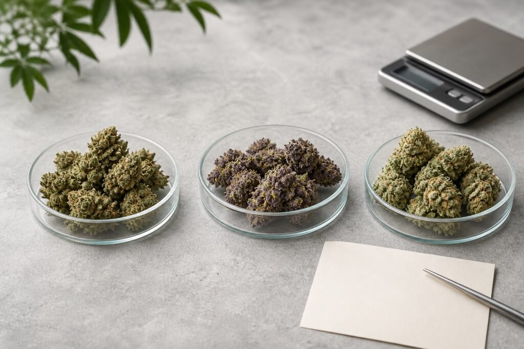 Three cannabis flower samples arranged side by side for comparison