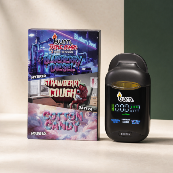 Blueberry Diesel + Strawberry Cough + Cotton Candy 3g black three-chamber device beside its retail box