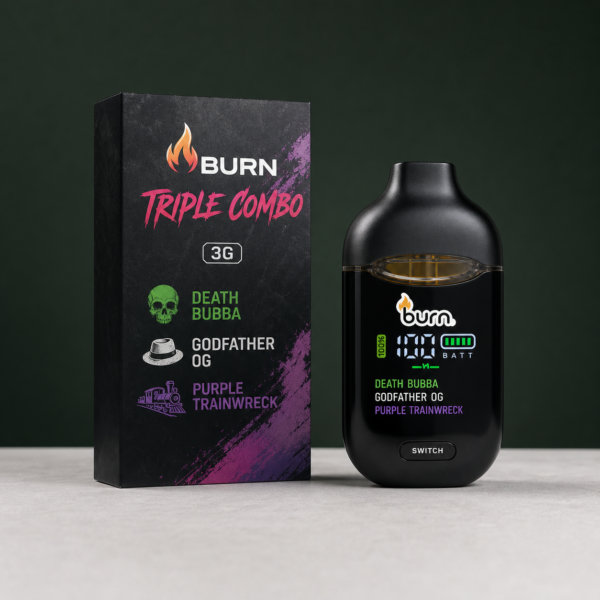 Burn - Death Bubba + Godfather OG + Purple Trainwreck Triple Combo 3g disposable vaporizer and retail box