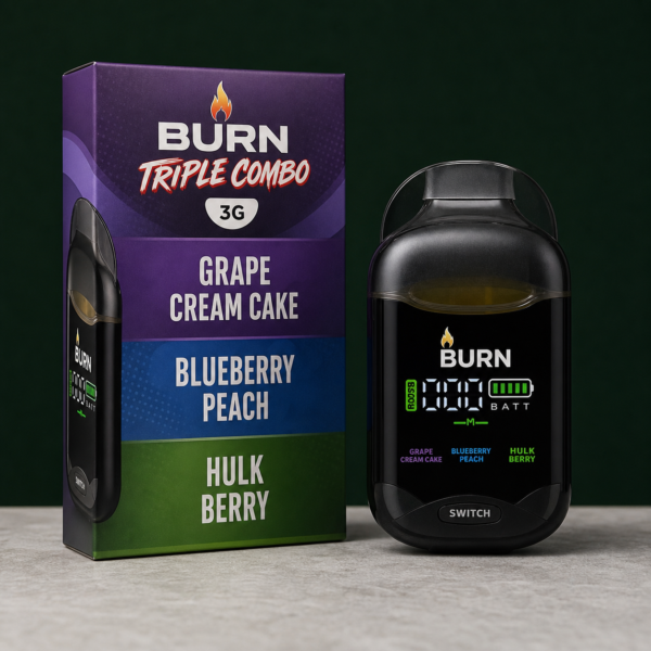 Burn - Grape Cream Cake + Blueberry Peach + Hulk Berry Triple Combo 3g disposable vaporizer and retail box