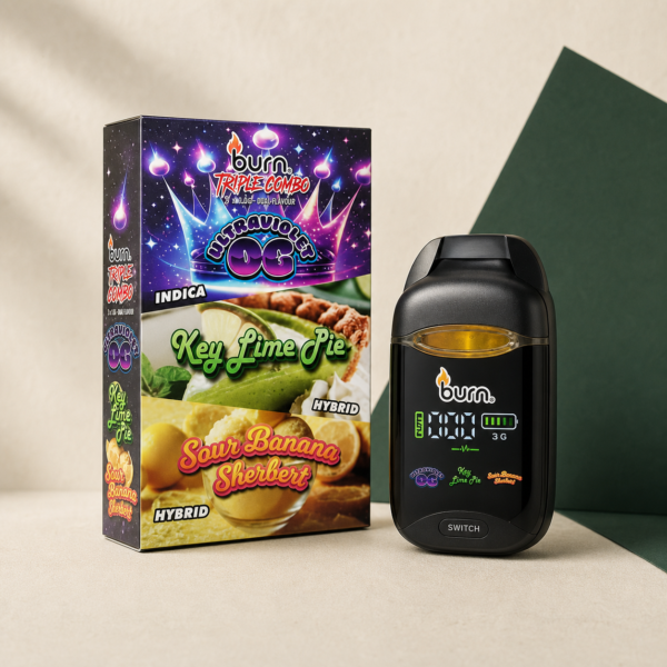 Burn - Ultra Violet OG + Key Lime Pie + Sour Banana Sherbert Triple Combo 3g disposable vaporizer and retail package