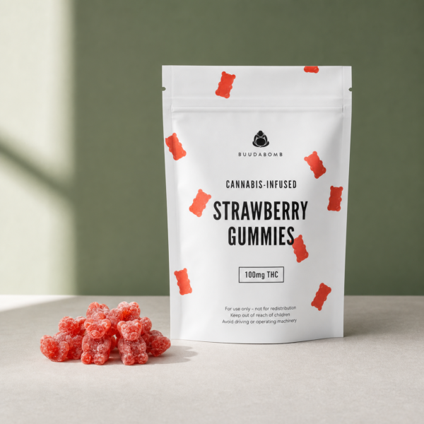 BuudaBomb Strawberry Gummies 100mg - cannabis edible product photo
