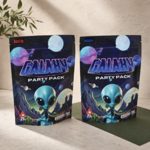 Party Pack Gummies 6000mg THC gummy packages on a pale stone surface
