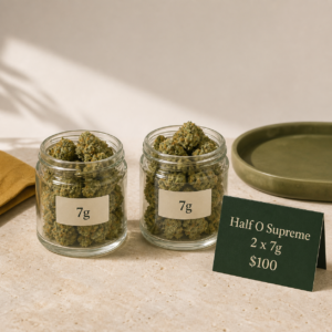 Half O Supreme bundle with two 7g jars of flower for $100