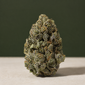 Kamikaze Kush AAAAA Reserve flower upright macro showing dark frosted detail