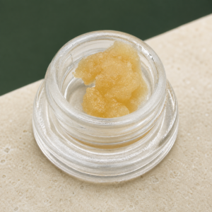 Lemon Pave Live Resin open jar macro showing pale golden concentrate texture