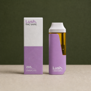 Lush Grape Ice purple 2mL disposable vape beside its matching retail box