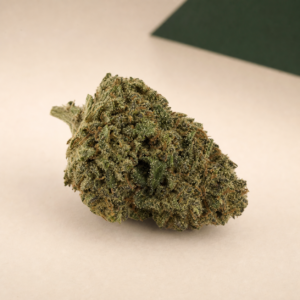 Mojo Melon cannabis flower on a pale stone studio surface