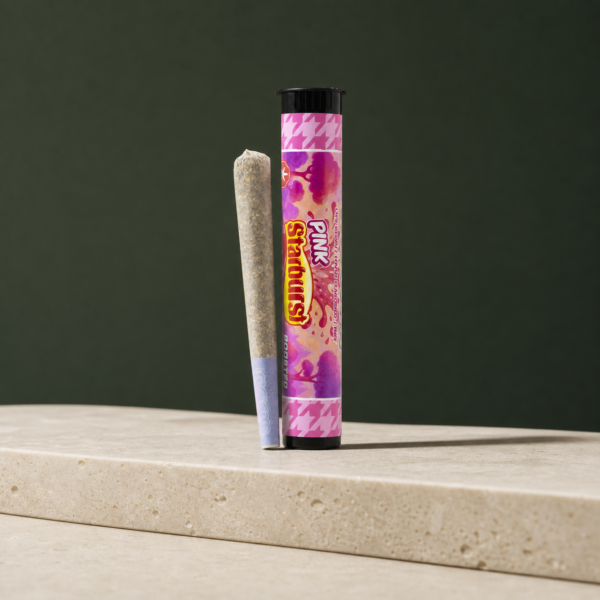 Pink Starburst Triple Infused Pre-Roll beside its colour-matched retail tube