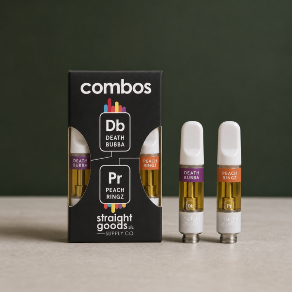 Straight Goods - 2 In 1 Combo - Death Bubba (Indica) x Peach Ringz (Indica) Cartridges - cannabis vaporizer product photo