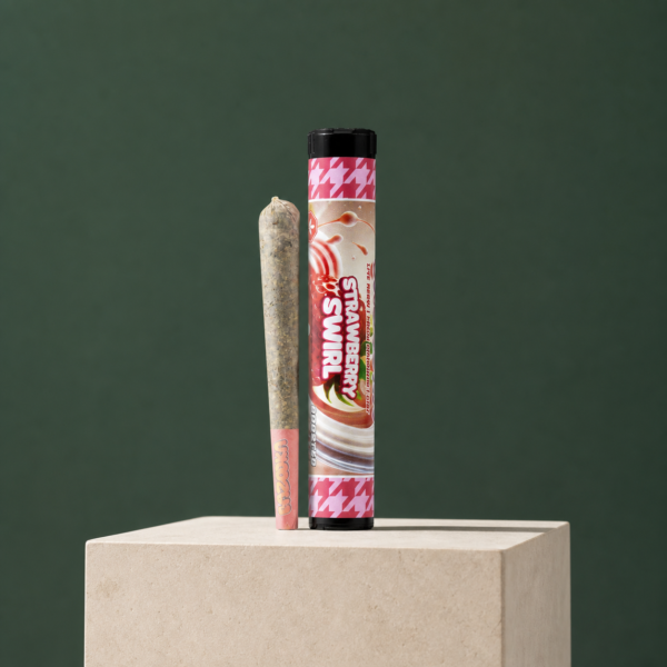 Strawberry Swirl Triple Infused Pre-Roll beside its colour-matched retail tube
