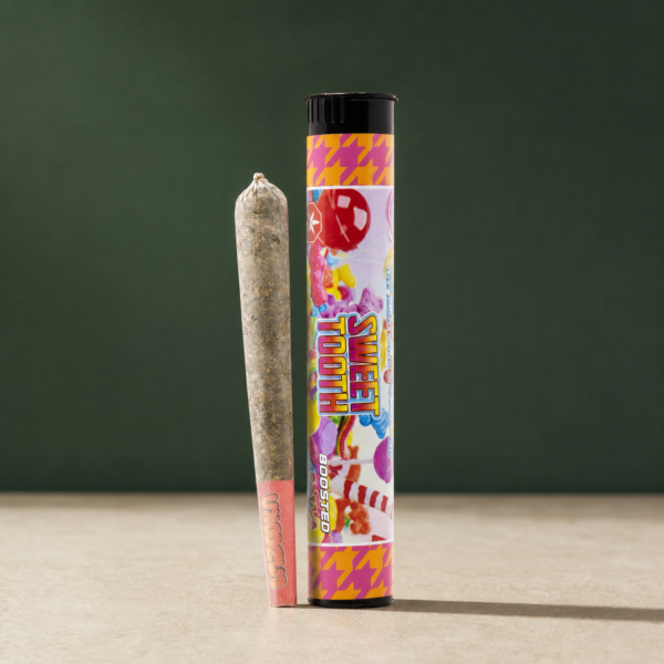Sweet Tooth Triple Infused Pre-Roll beside its colour-matched retail tube