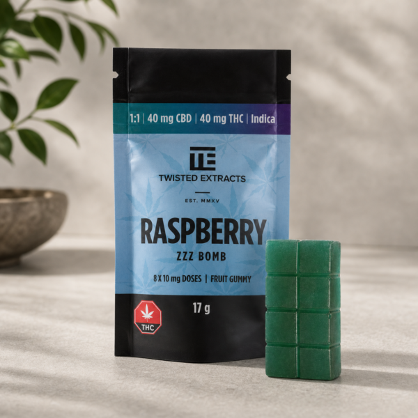 Twisted Extracts - Blue Raspberry 1:1 Zzz Bomb Gummies (40mg THC + 40mg CBD) - cannabis edible product photo