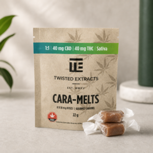 Twisted Extracts - Cara-Melts 1:1 Sativa Caramels (40mg THC + 40mg CBD) - cannabis edible product photo