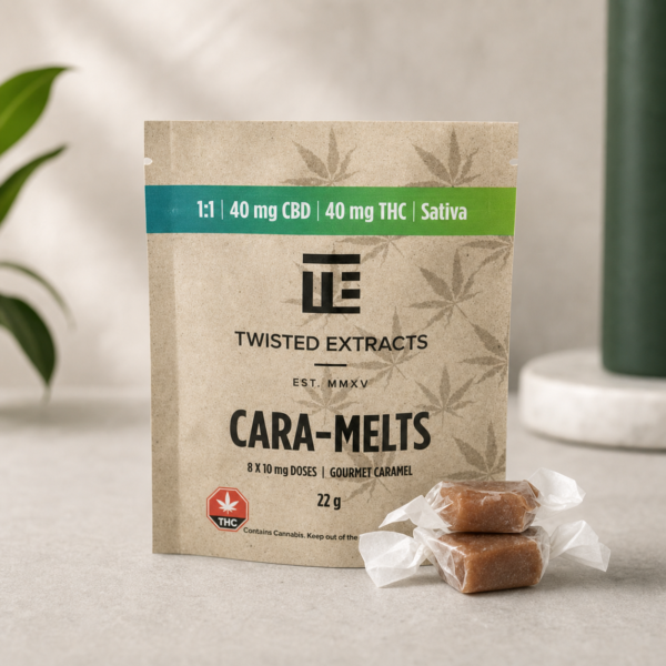 Twisted Extracts - Cara-Melts 1:1 Sativa Caramels (40mg THC + 40mg CBD) - cannabis edible product photo