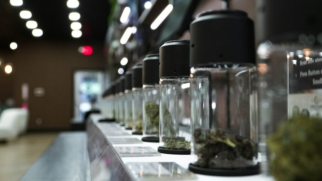 Rows of labelled cannabis jars