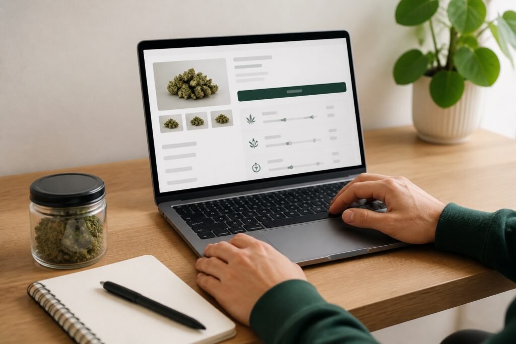 Adult reviewing cannabis product information on a laptop