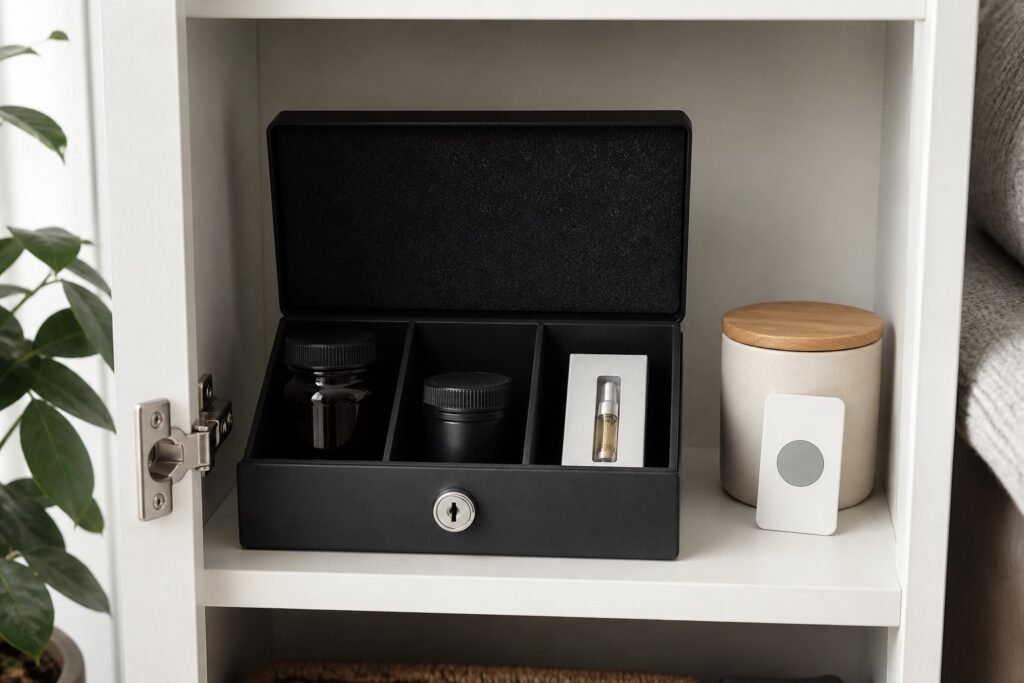 Cannabis products organized inside a lockable home storage box